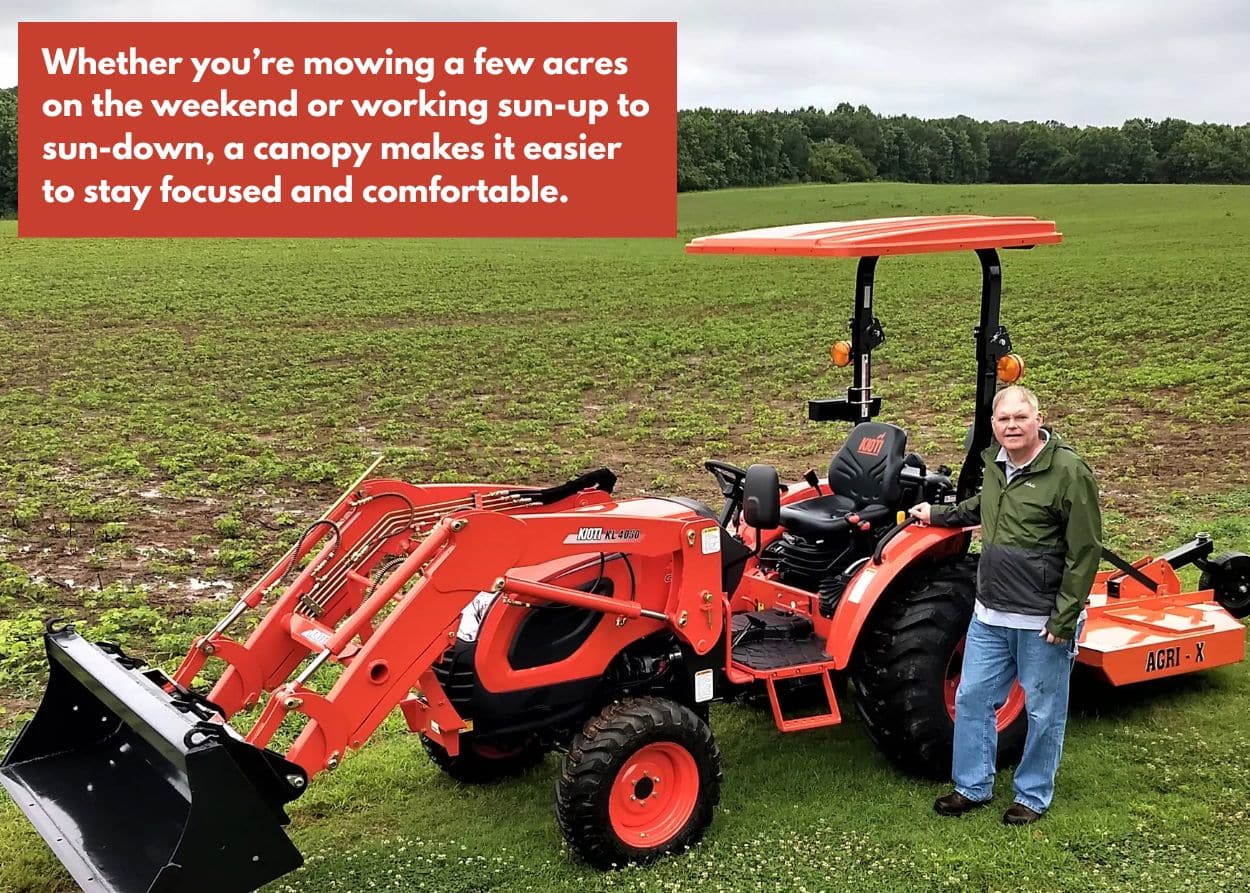 Whether you’re mowing a few acres on the weekend or working sun-up to sun-down, a canopy makes it easier to stay focused and comfortable.
